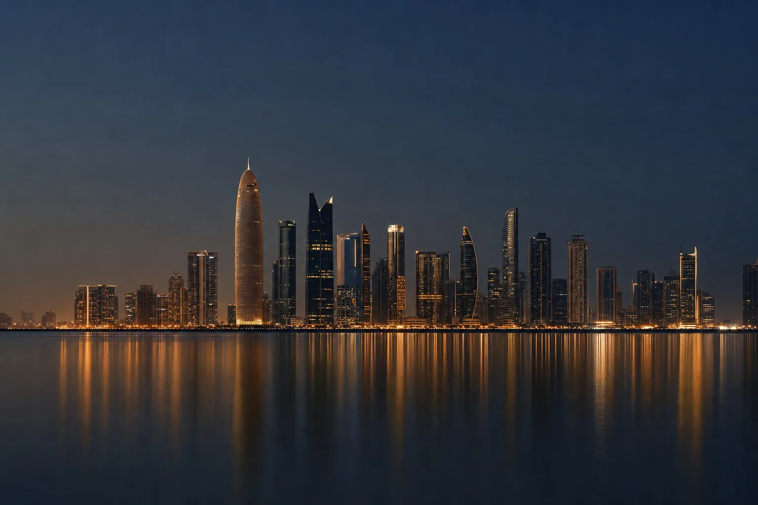 A modern Gulf city skyline at dusk, seen across calm water