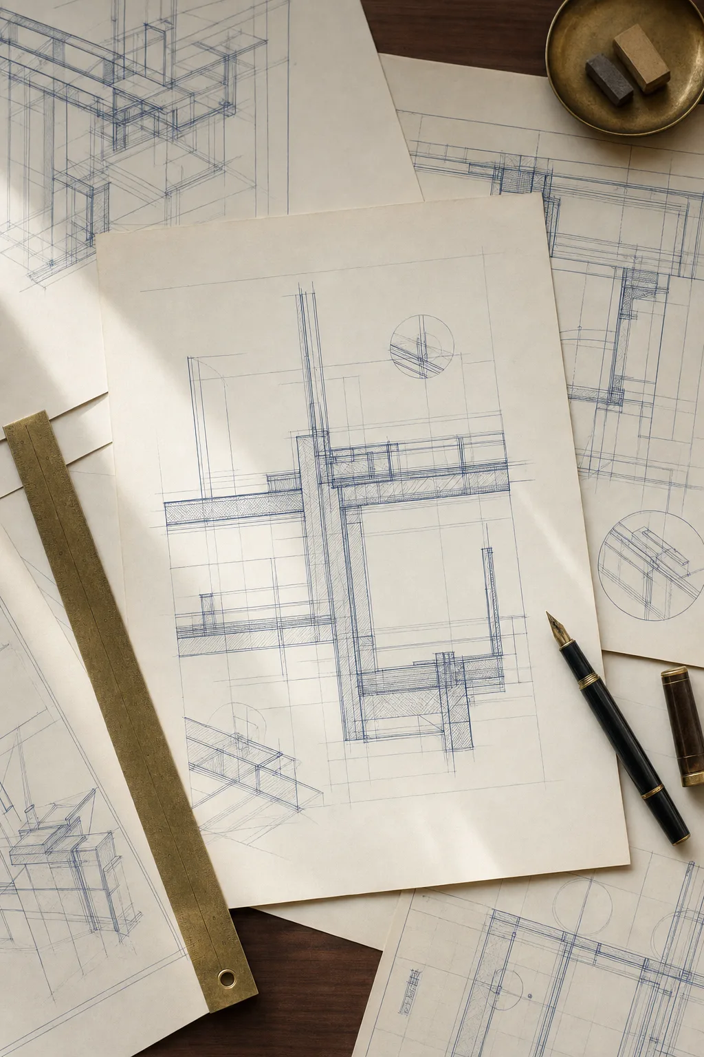 An architect's drafting table with technical system drawings in navy ink on ivory paper, a brass ruler and a fountain pen